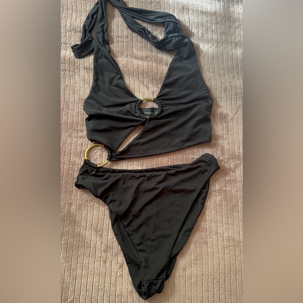 { PrettyLittleThing Black Swimsuit with Gold Accents }